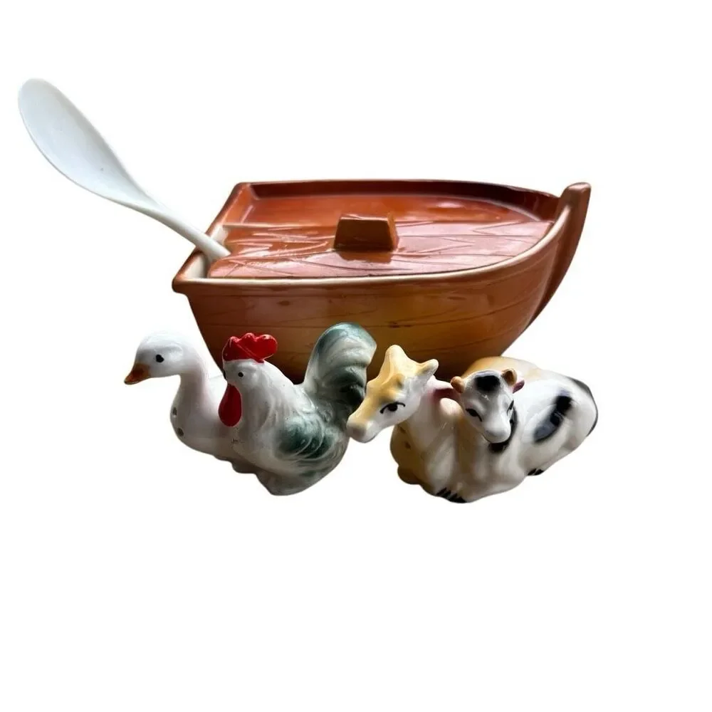 Vintage Enesco Noah’s Ark Sugar Bowl With Animal Salt & Pepper Shakers